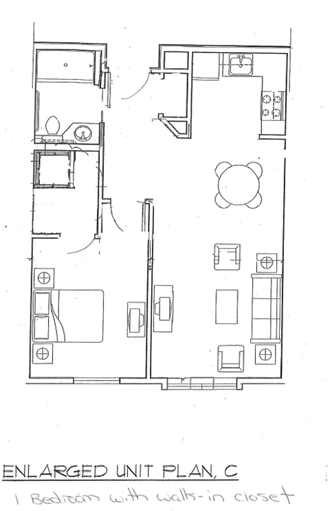 Floor plan for 1 bed, 1 bath, 742 sqft
